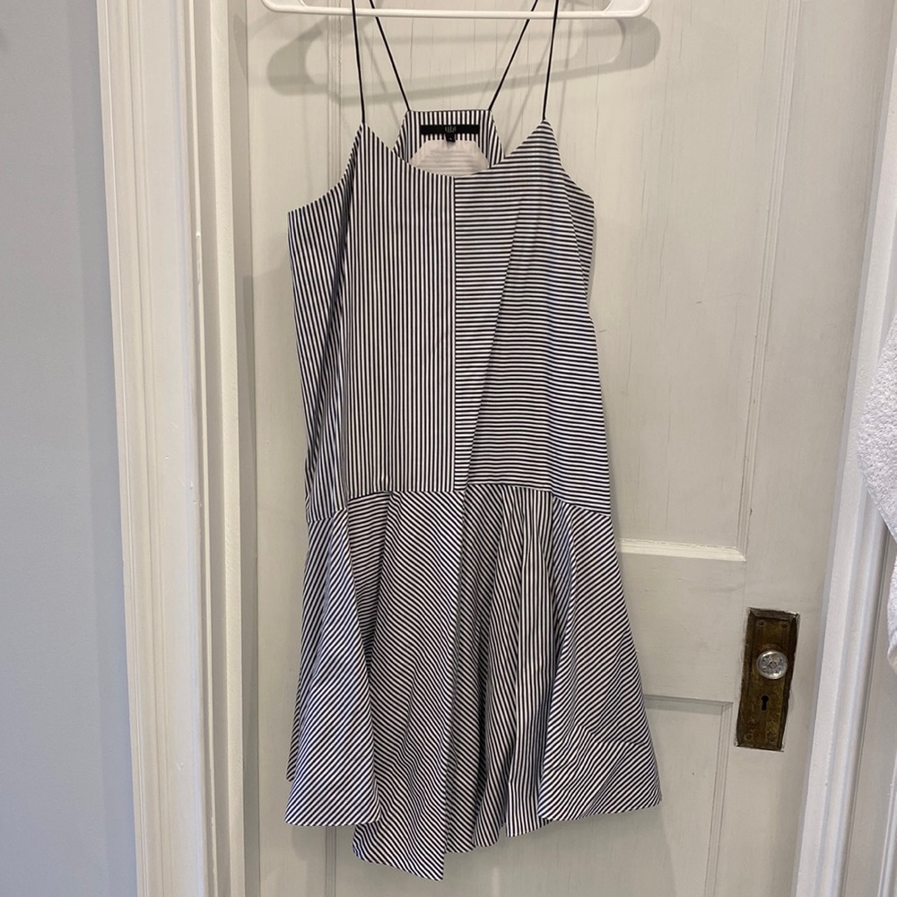 Tibi navy striped drop waist dress